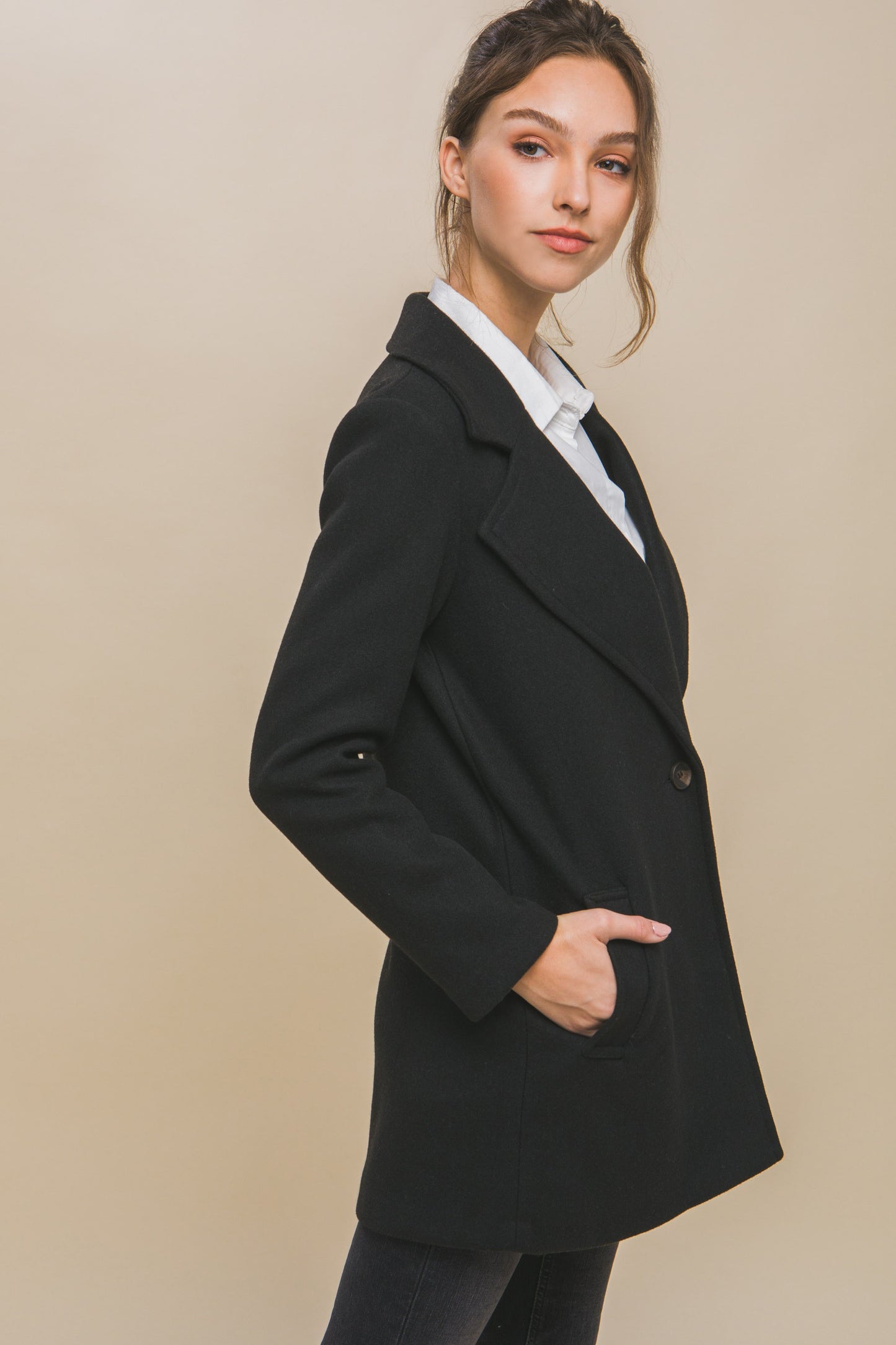 Fleece Single Breasted Coat - Black