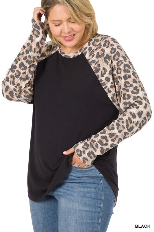 Leopard Raglan Long Sleeve Top - Black