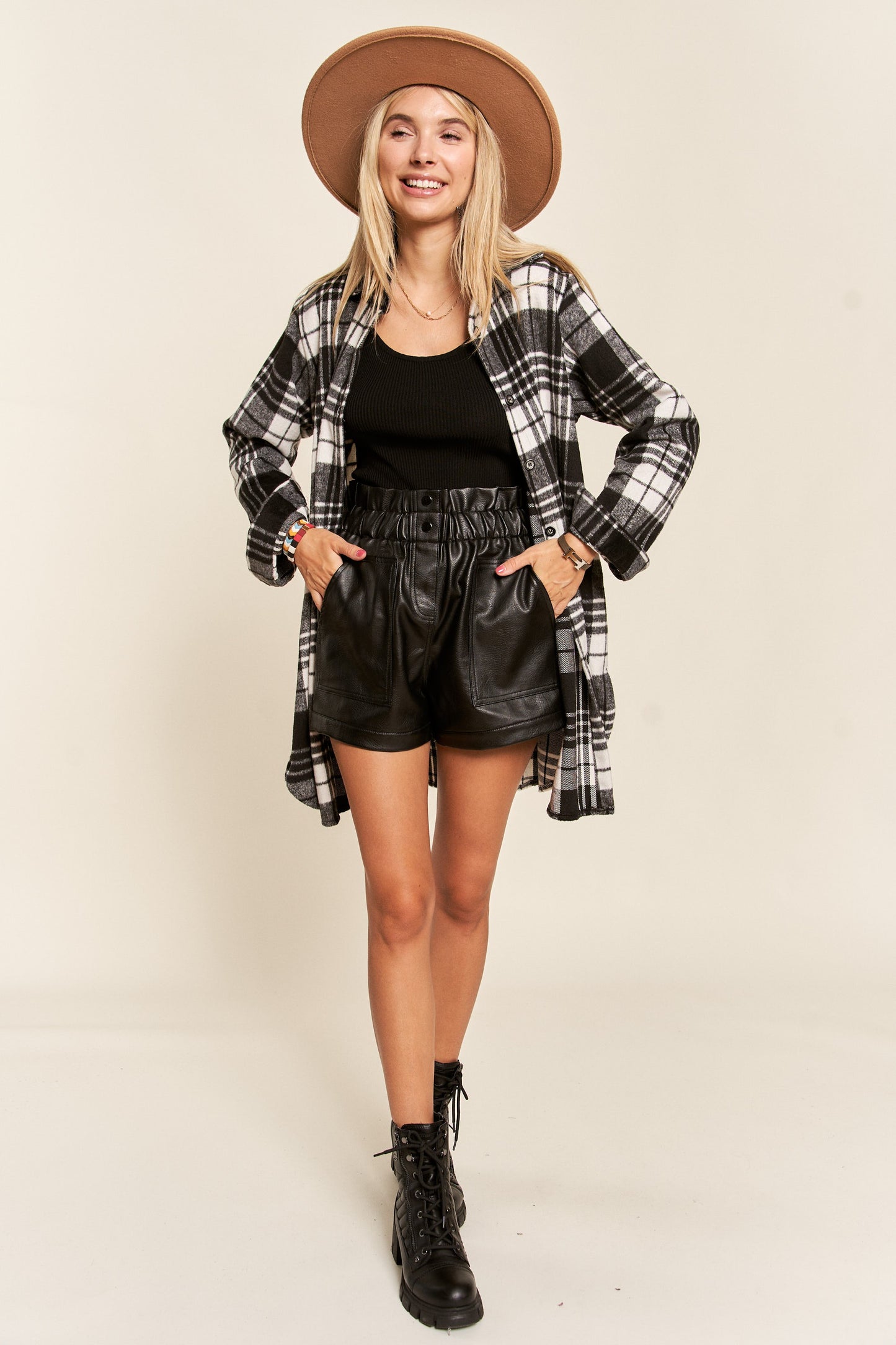 Buffalo Plaid Long Flannel Shirt Jacket - Black & White