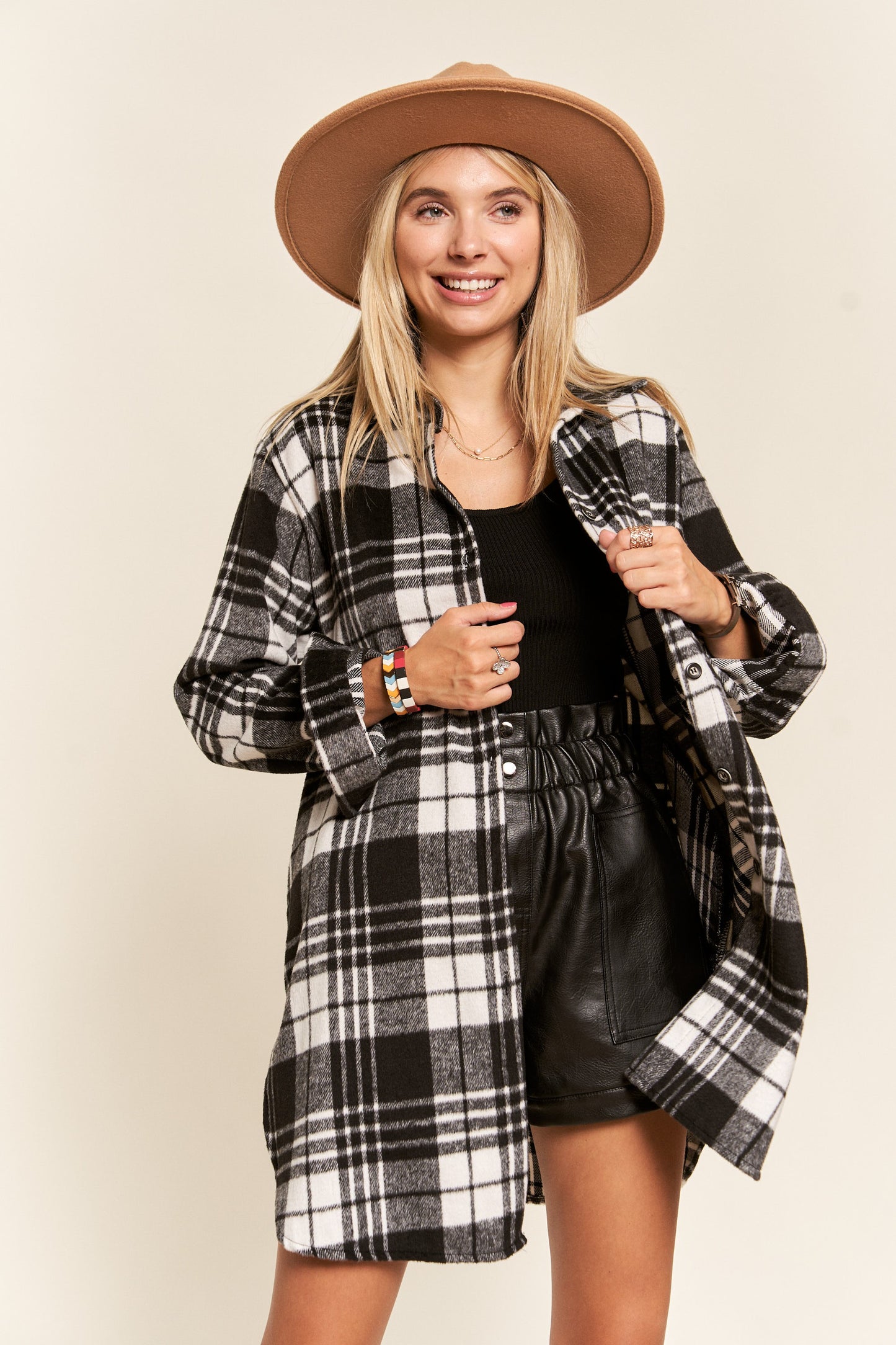 Buffalo Plaid Long Flannel Shirt Jacket - Black & White