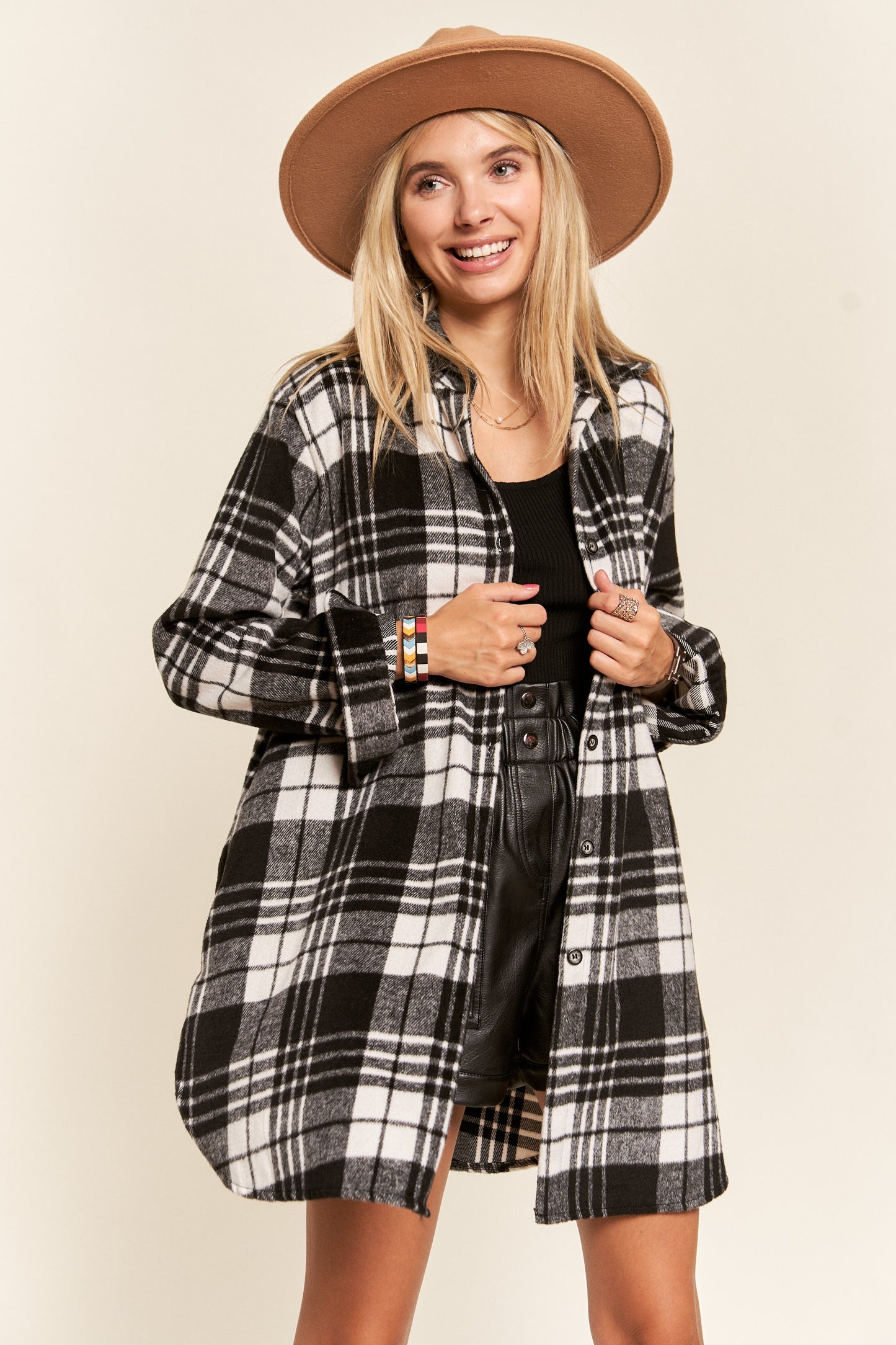 Buffalo Plaid Long Flannel Shirt Jacket - Black & White