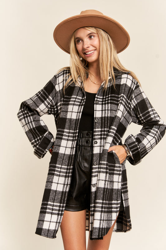 Buffalo Plaid Long Flannel Shirt Jacket - Black & White