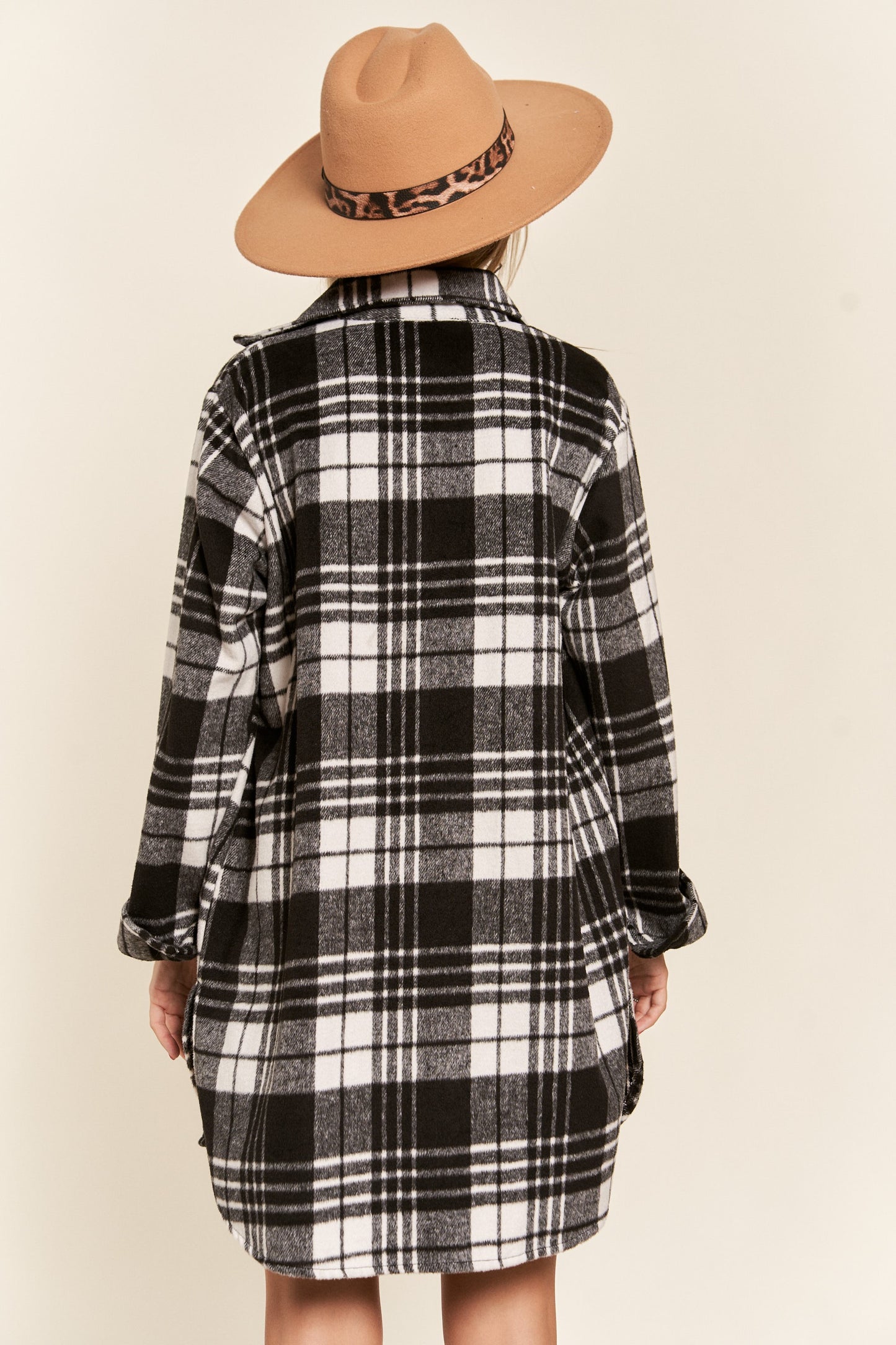 Buffalo Plaid Long Flannel Shirt Jacket - Black & White