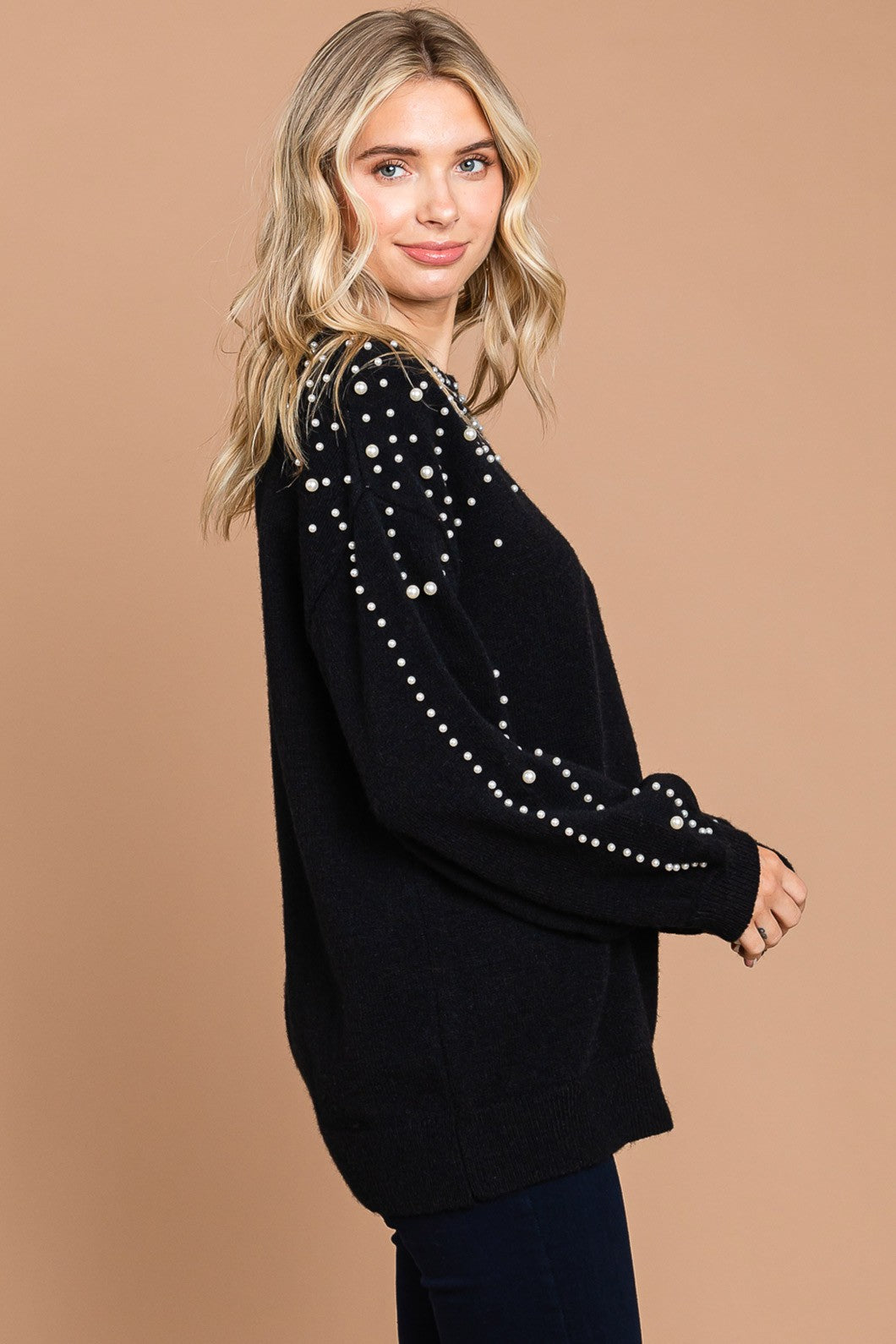 Pearl Time Sweater Puff Sleeve Top - Black