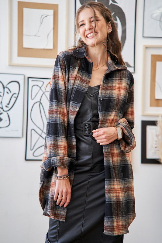 Black Long Down Flannel Shacket