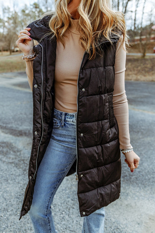 Long Quilted Puffer Vest Coat with Hood