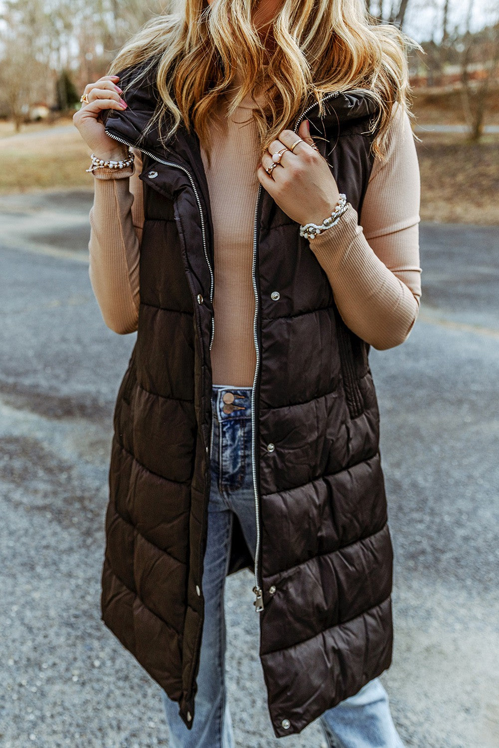 Long Quilted Puffer Vest Coat with Hood