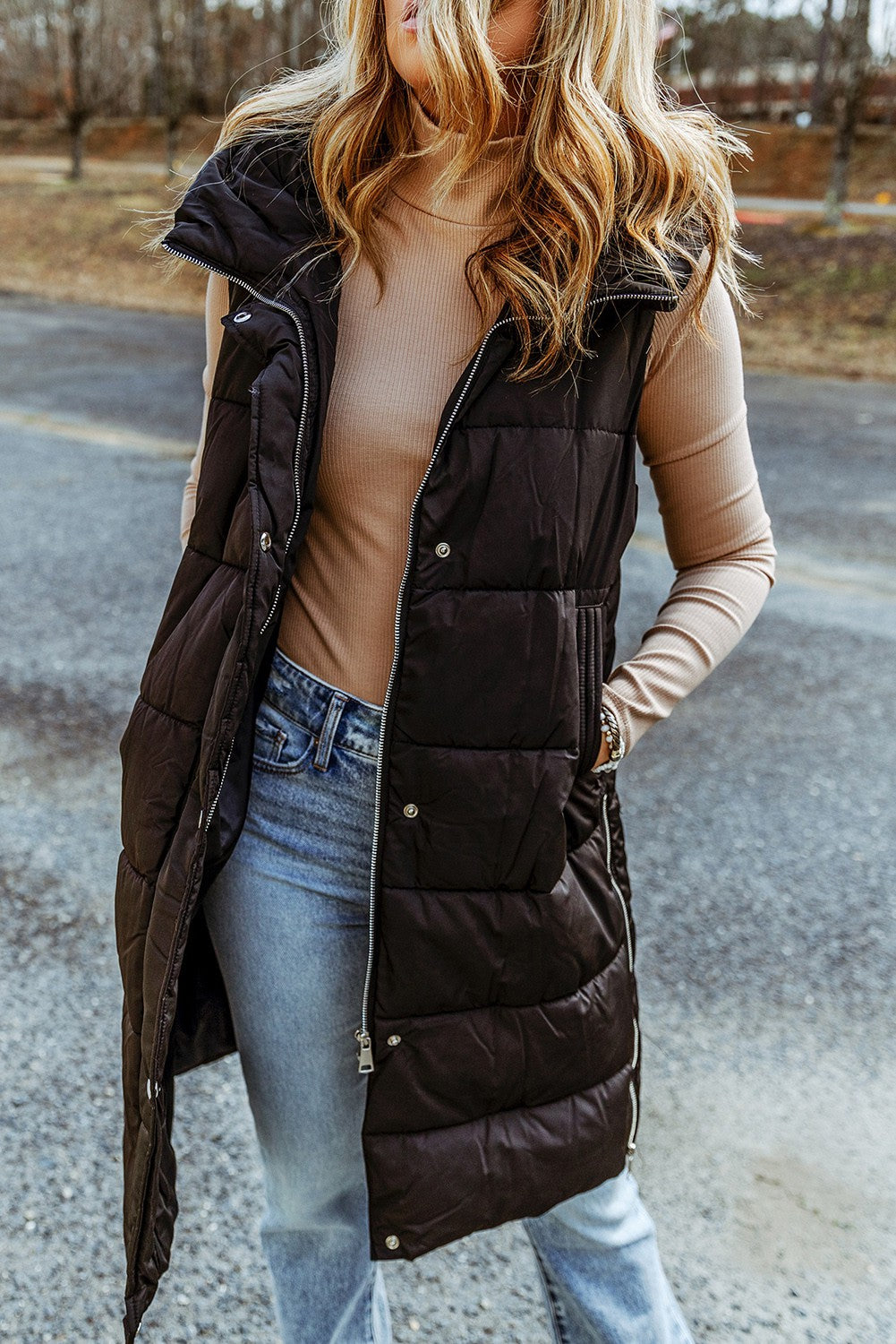 Long Quilted Puffer Vest Coat with Hood