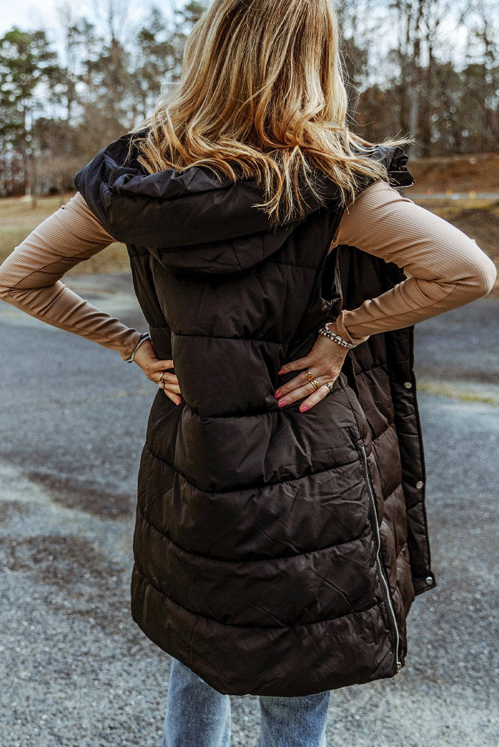 Long Quilted Puffer Vest Coat with Hood