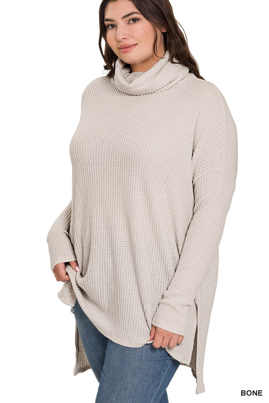 Brushed Thermal Waffle Cowl Neck Hi-Low Sweater - Bone