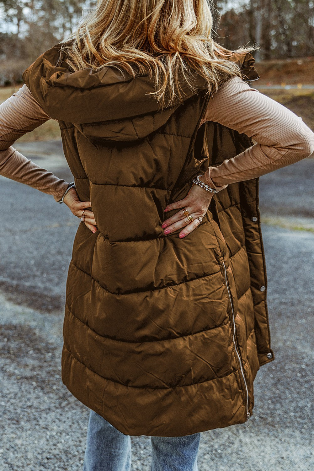 Long Quilted Puffer Vest Coat with Hood