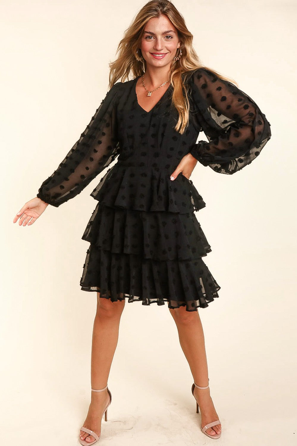 Ruffle Swiss Dot Bubble Long Sleeve Tiered Fit and Flare Chiffon Woven Dress