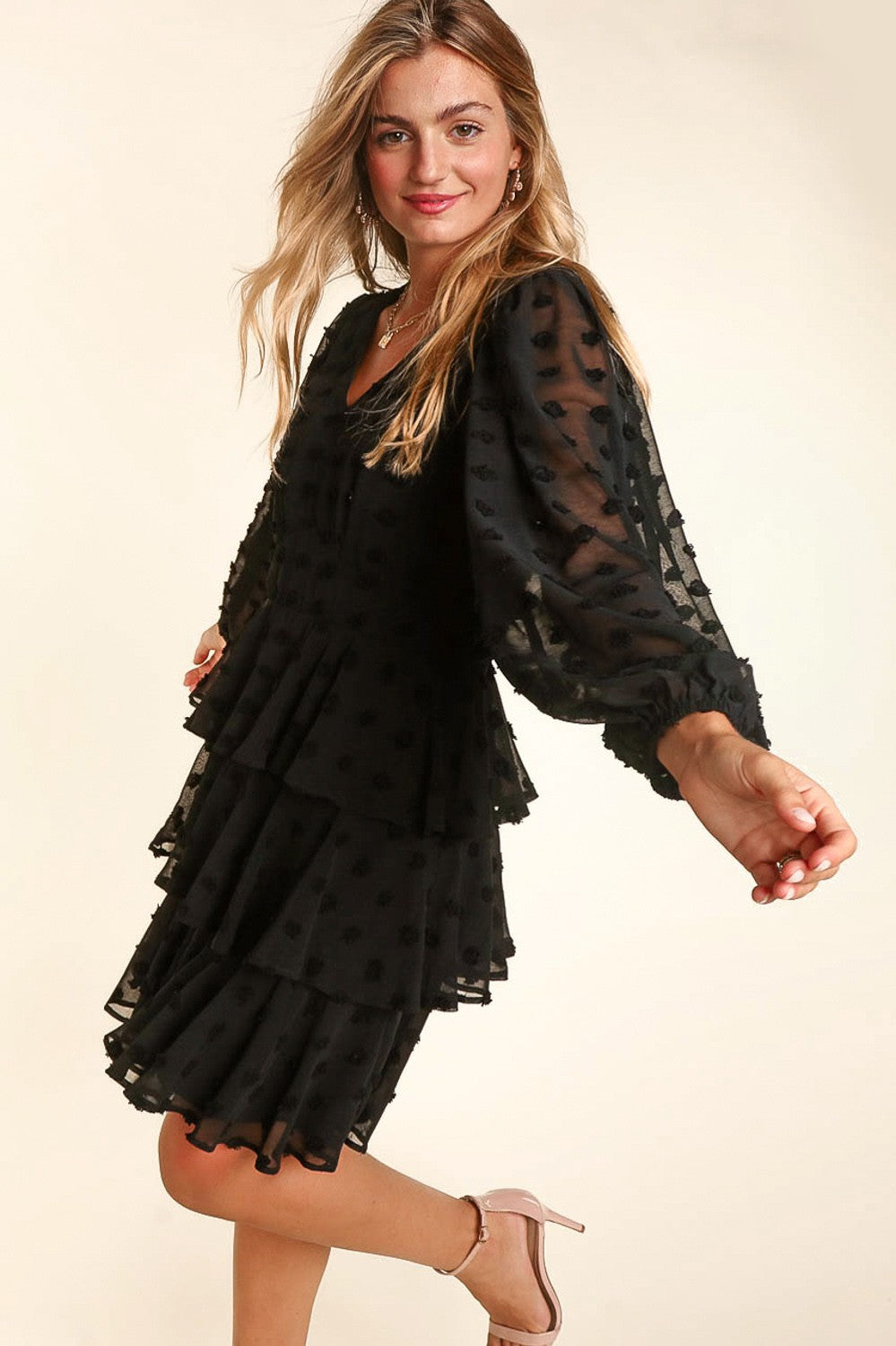 Ruffle Swiss Dot Bubble Long Sleeve Tiered Fit and Flare Chiffon Woven Dress