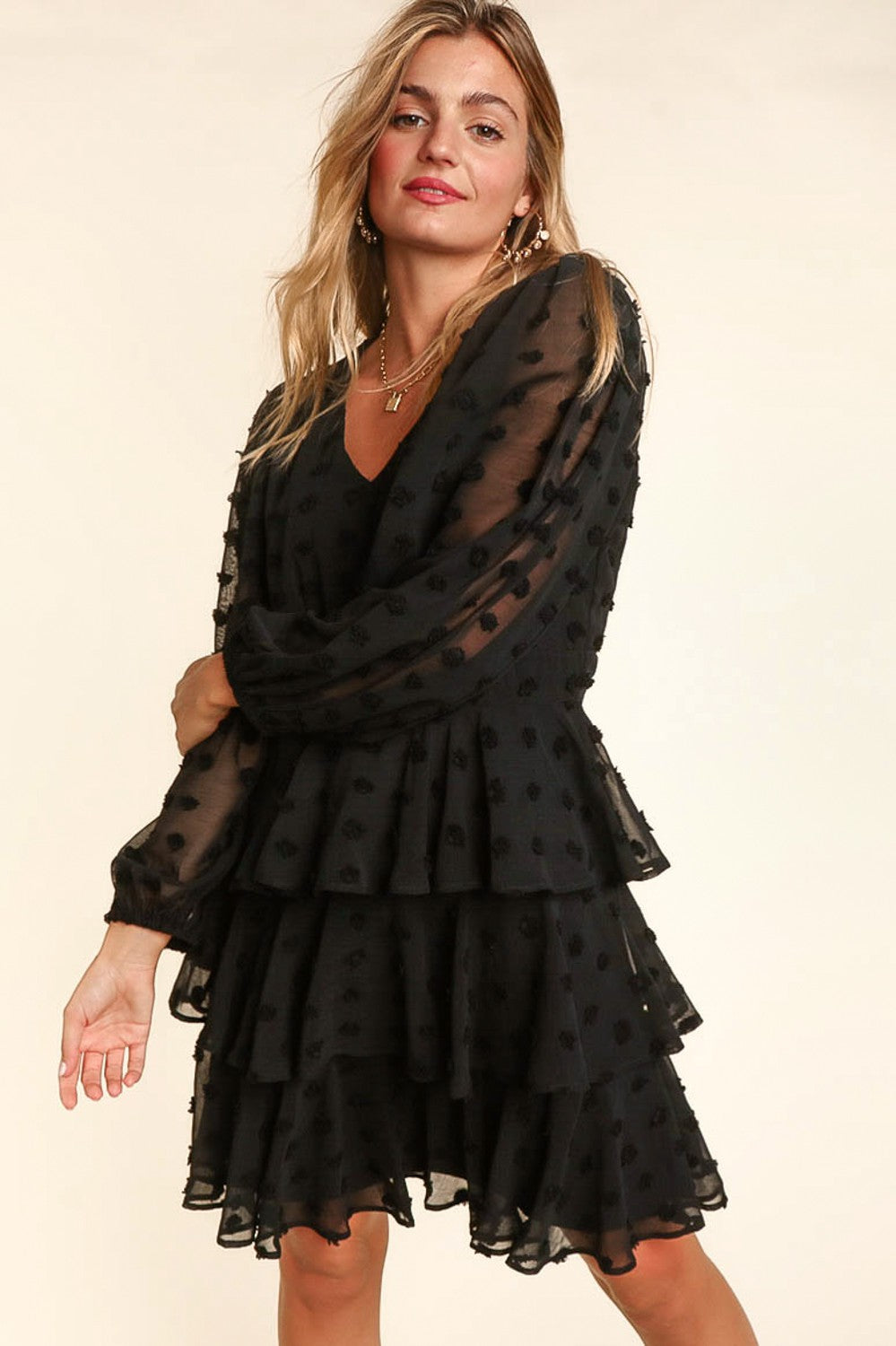 Ruffle Swiss Dot Bubble Long Sleeve Tiered Fit and Flare Chiffon Woven Dress