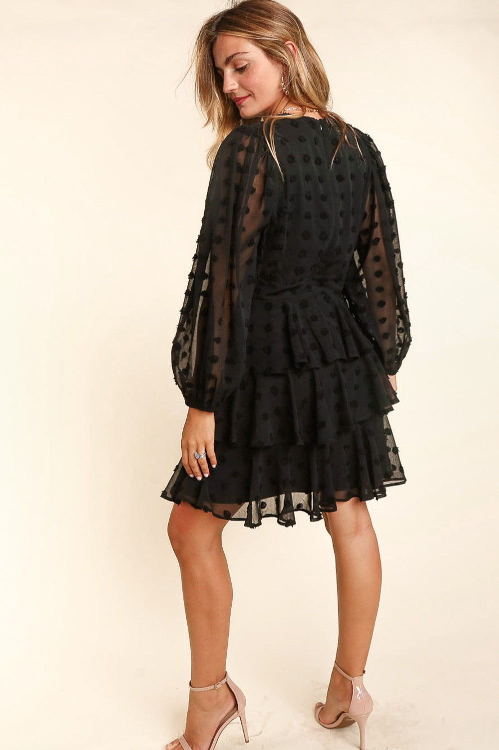 Ruffle Swiss Dot Bubble Long Sleeve Tiered Fit and Flare Chiffon Woven Dress