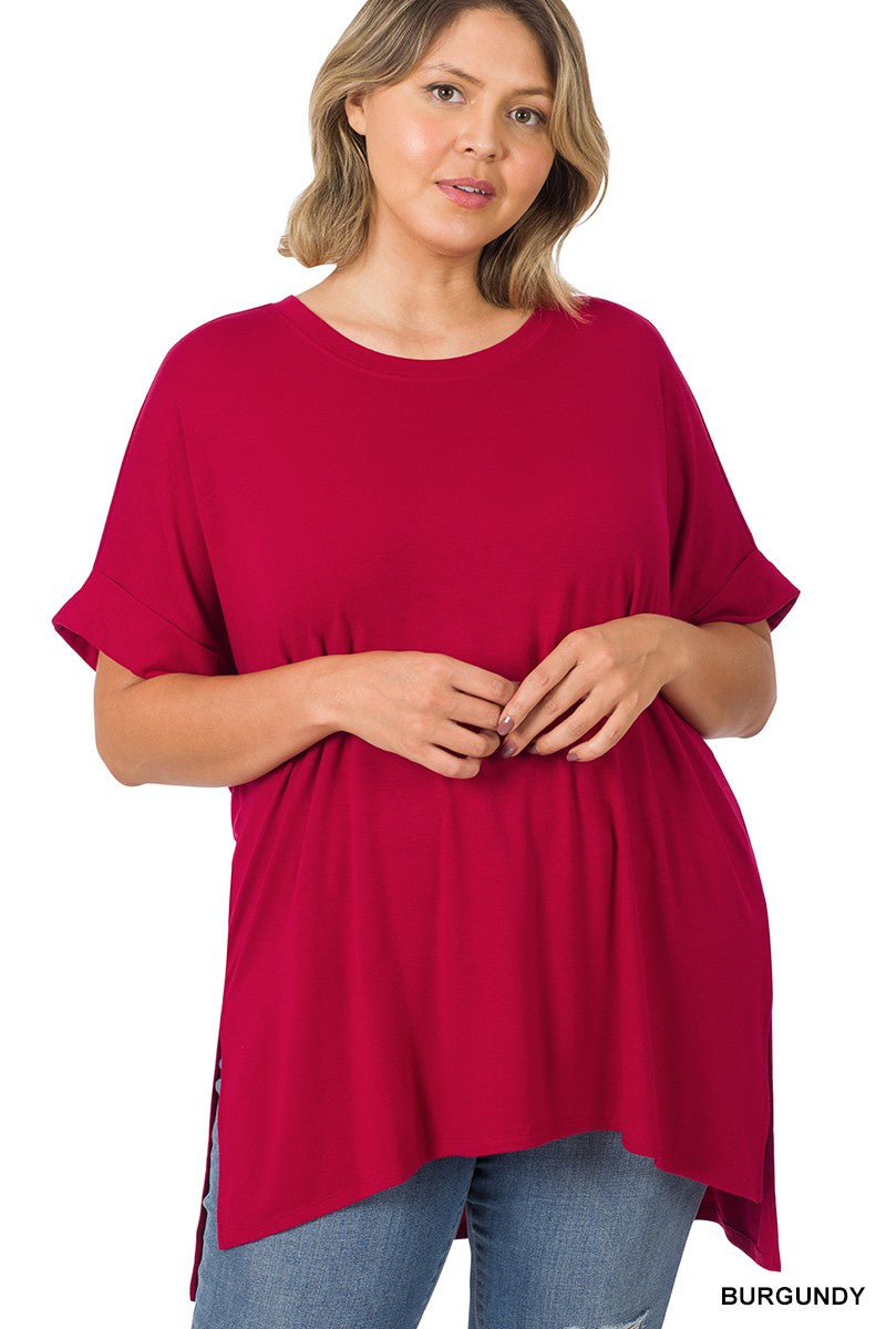 Rolled High Low Sleeve Short Sleeve Top