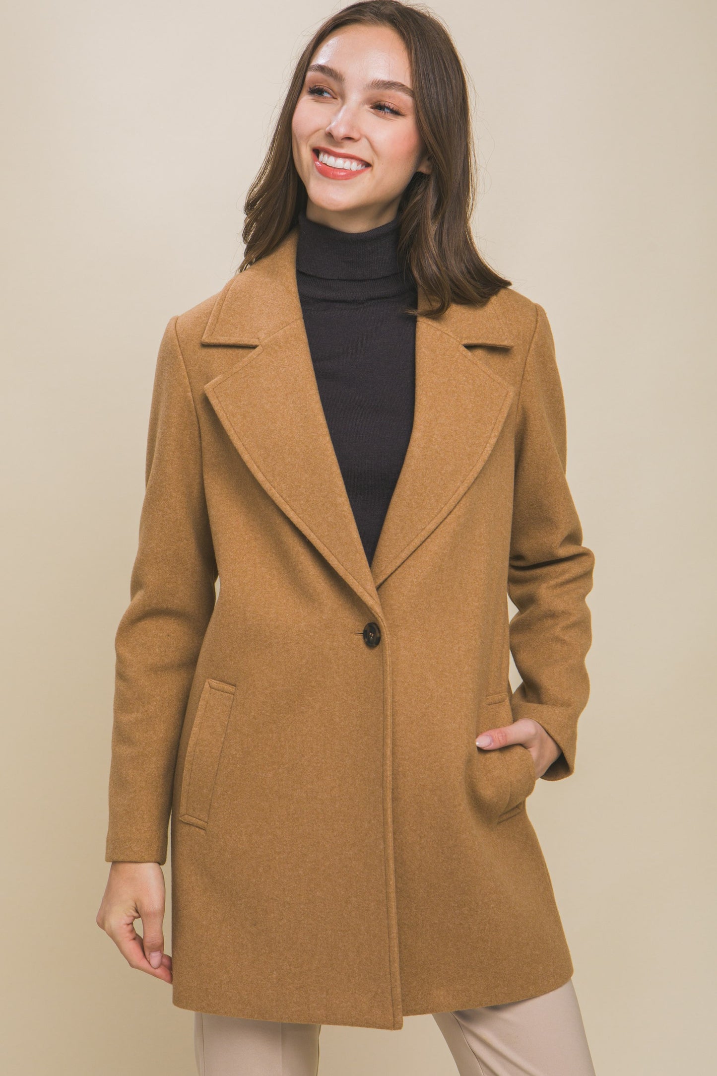 Fleece Single Breasted Coat - Camel