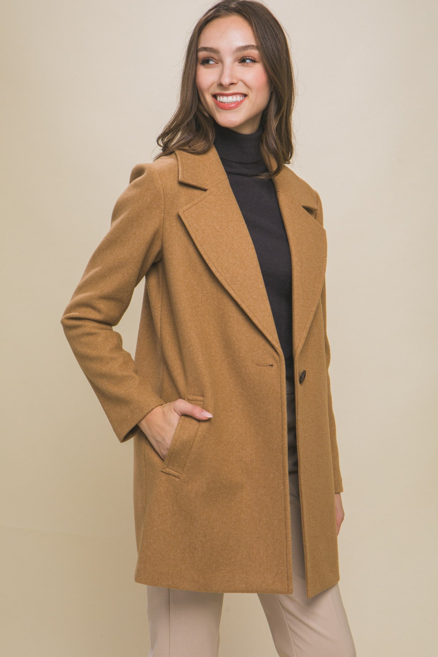 Fleece Single Breasted Coat - Camel