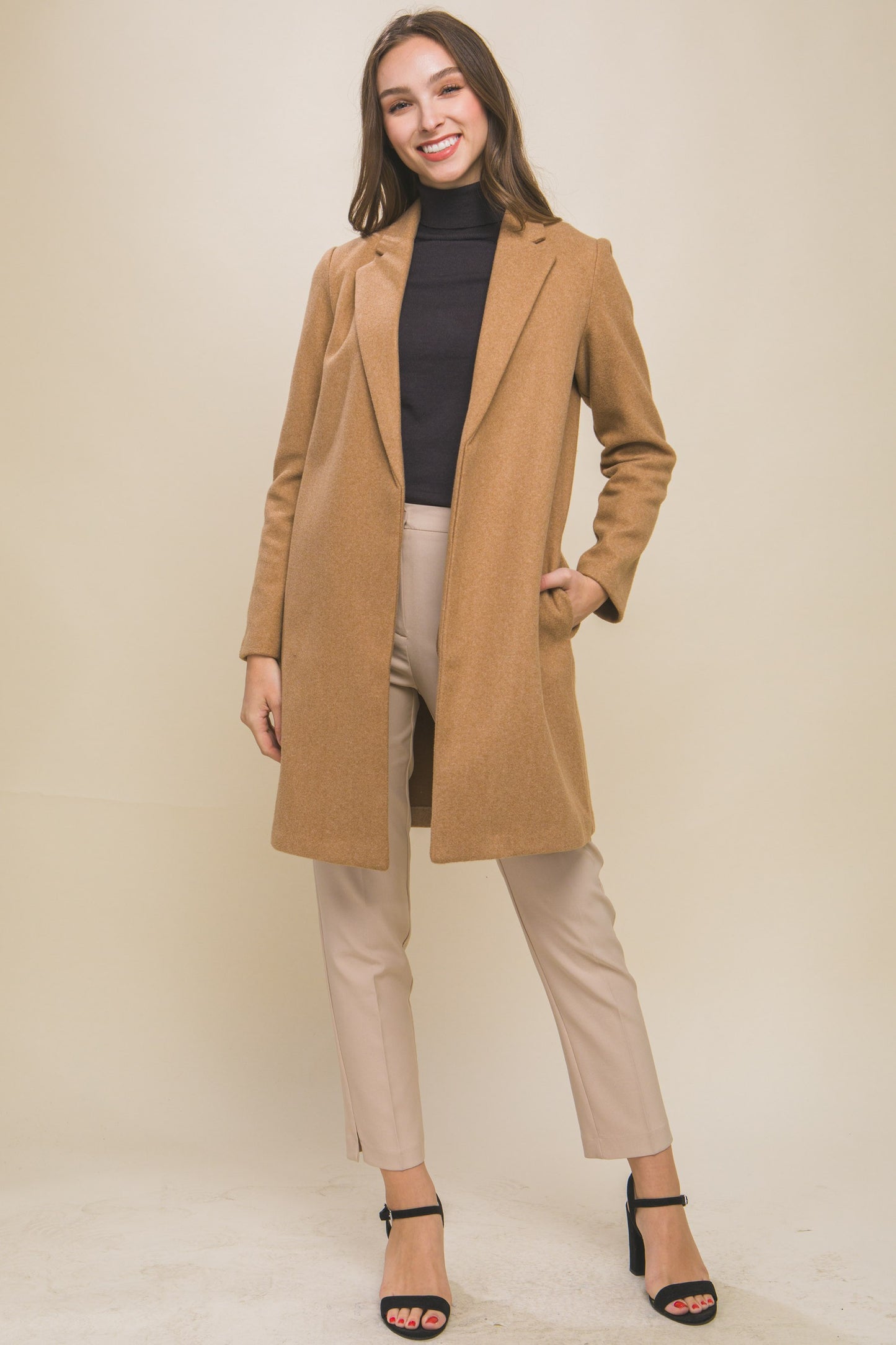 Long Line Fleece Coat -Camel