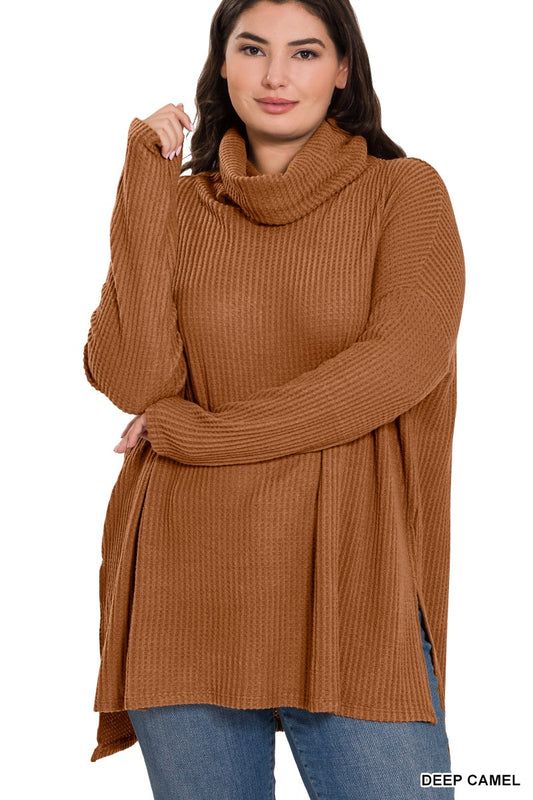 Brushed Thermal Waffle Cowl Neck Hi-Low Sweater - Deep Camel