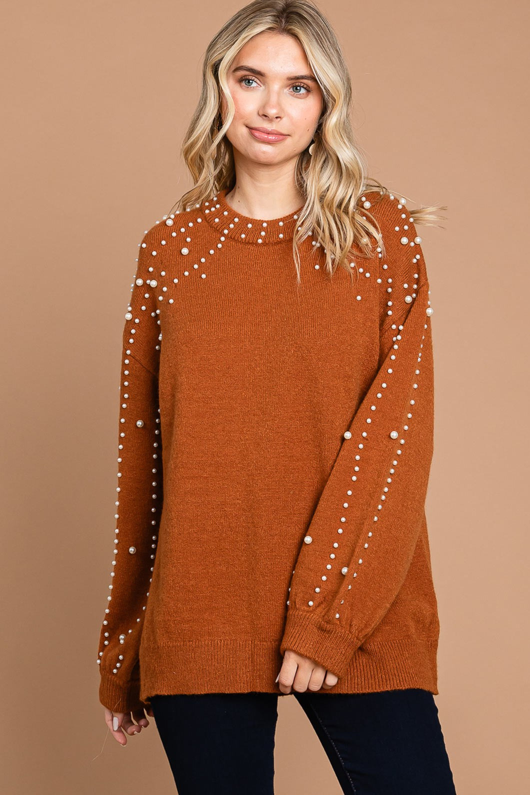 Pearl Time Sweater Puff Sleeve Top - Carmel