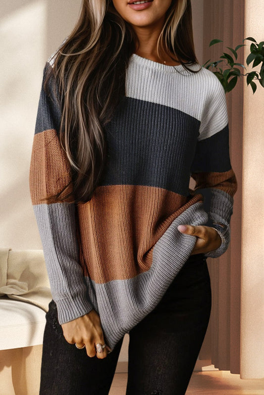 Chestnut Color Block Knitted Pullover Sweater - Grey