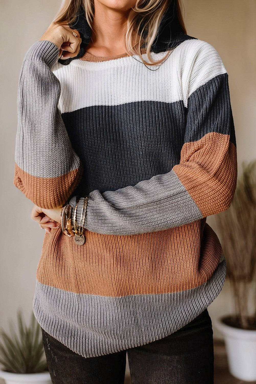 Chestnut Color Block Knitted Pullover Sweater - Grey