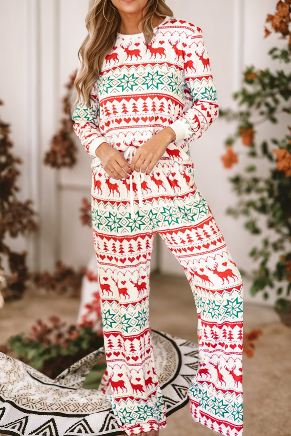 Christmas Print Pullover and Pants Lounge Set- Reindeer/Snowflake