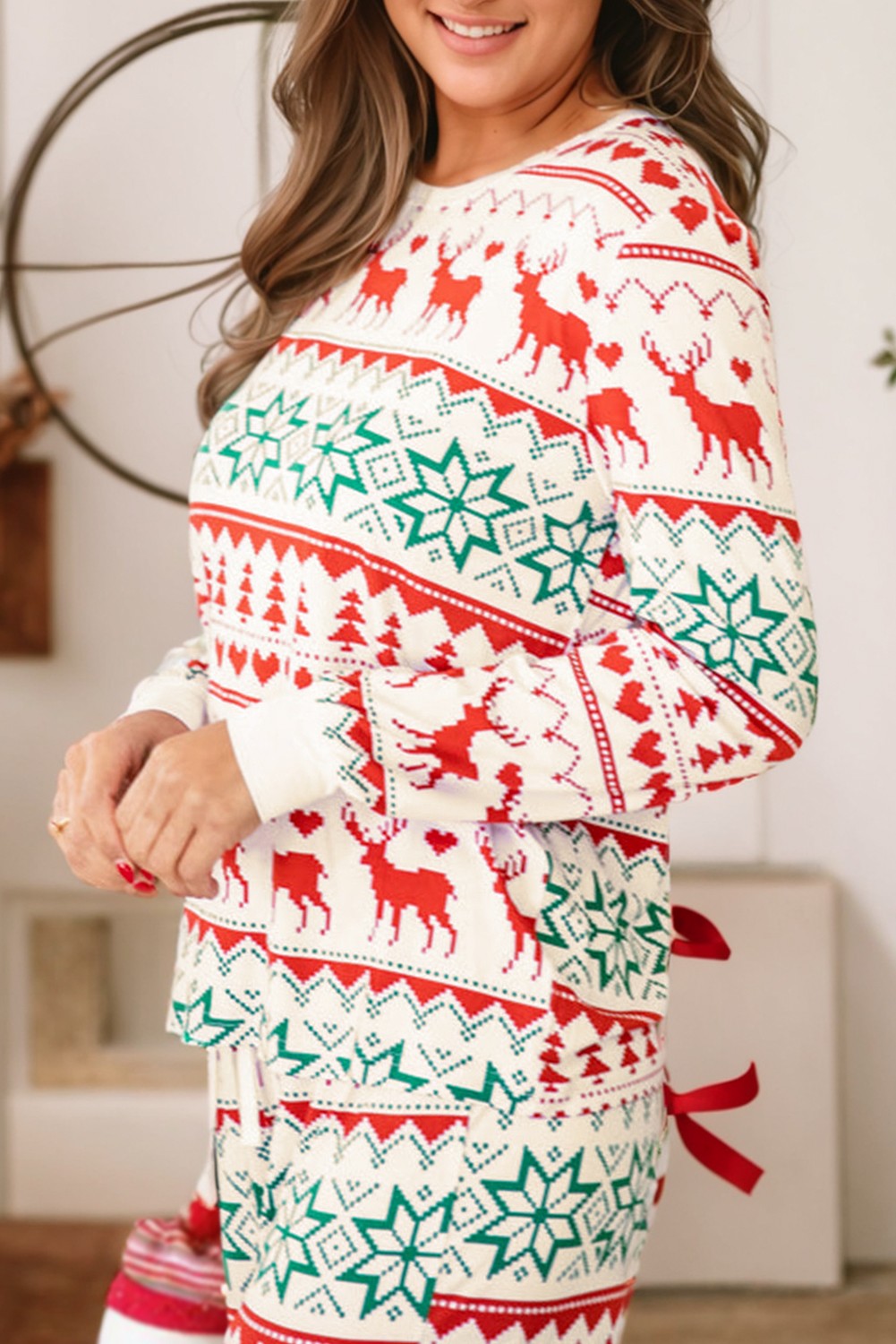 Christmas Print Pullover and Pants Lounge Set- Reindeer/Snowflake