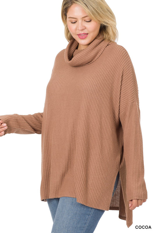 Brushed Thermal Waffle Cowl Neck Hi-Low Sweater - Coca