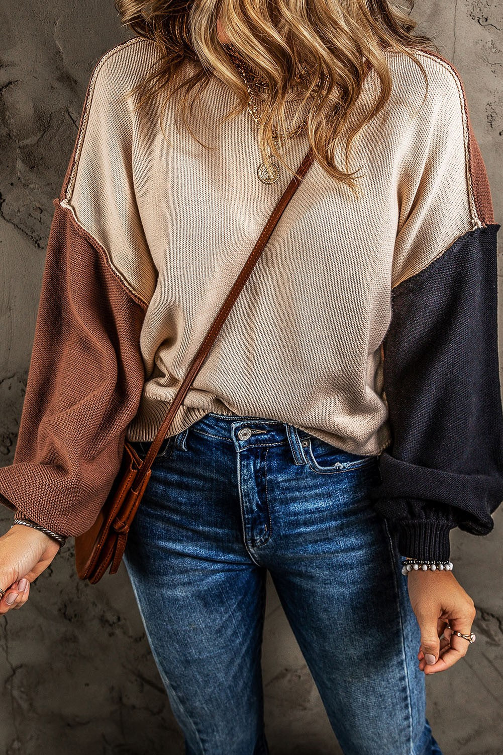 Patchwork Colorblock Puff Sleeve Sweater - Coffee