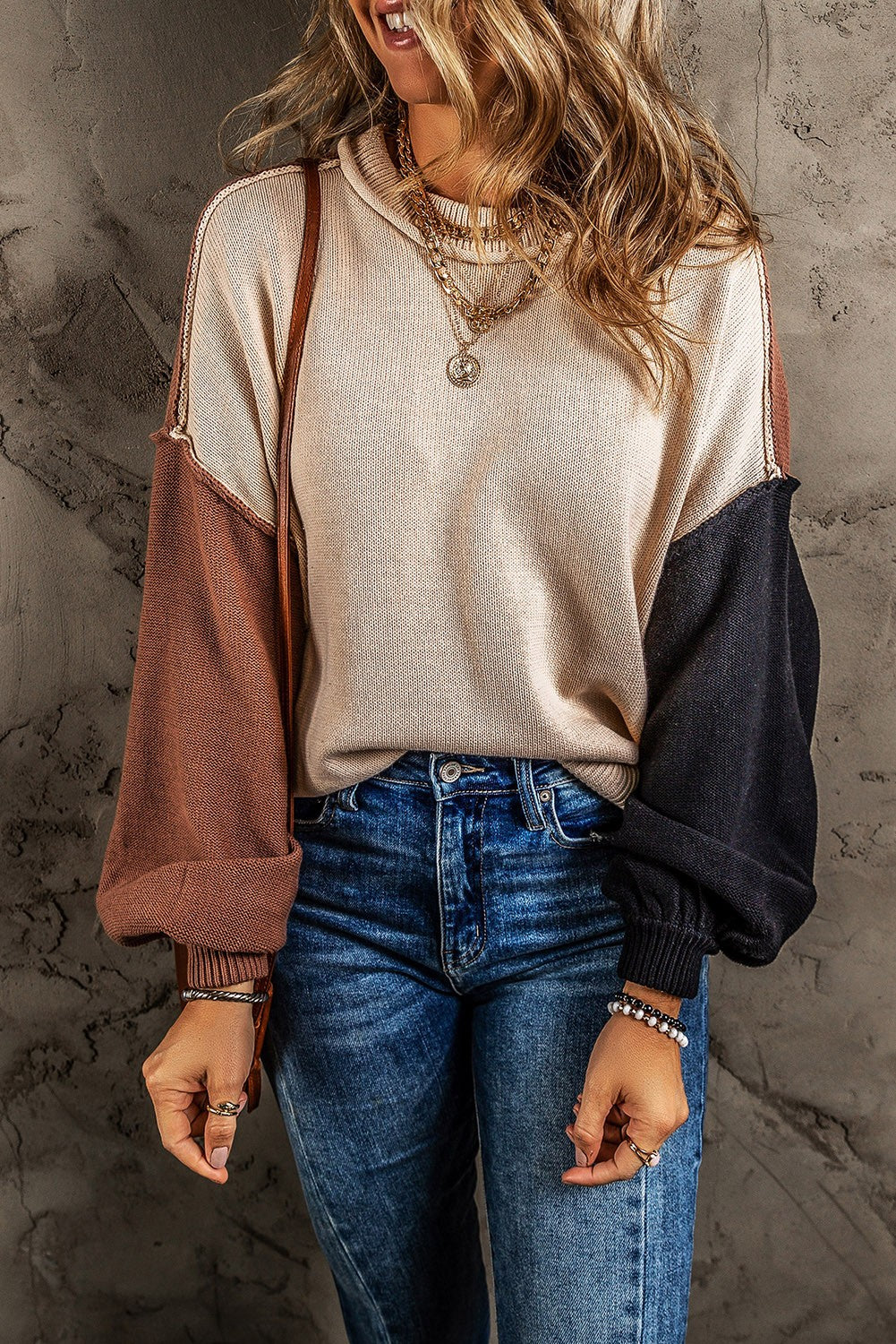 Patchwork Colorblock Puff Sleeve Sweater - Coffee