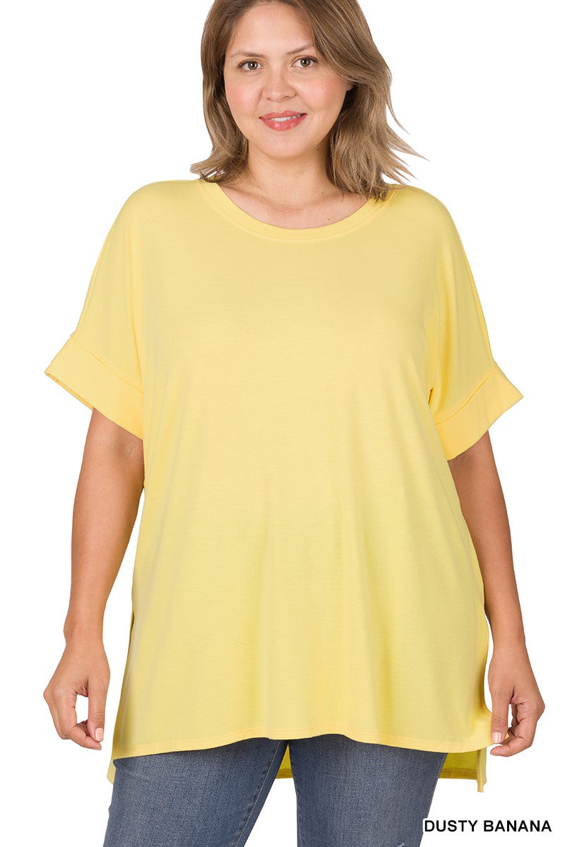 Rolled High Low Sleeve Short Sleeve Top