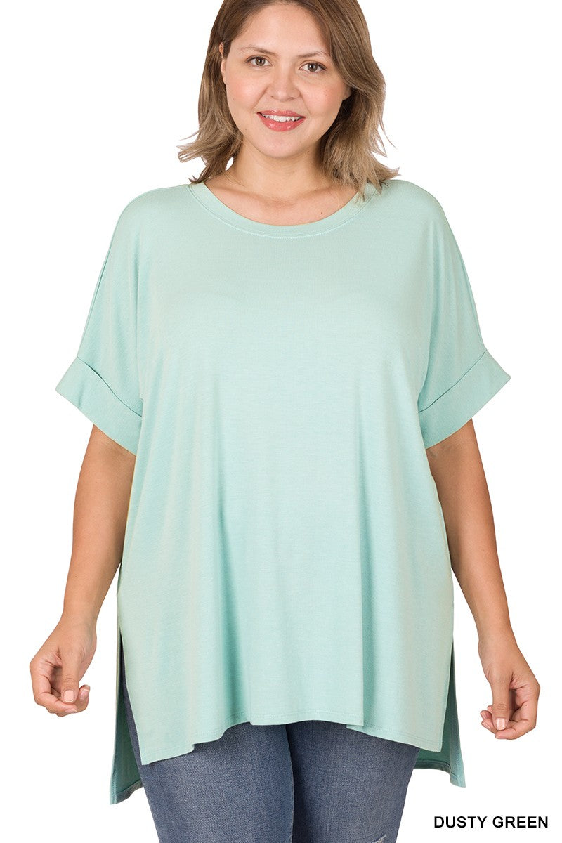 Rolled High Low Sleeve Short Sleeve Top