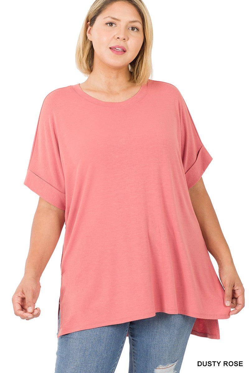 Rolled High Low Sleeve Short Sleeve Top