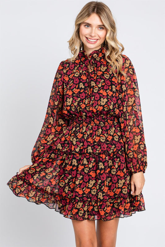 Floral print tiered long-sleeve dress with mock neck, smocked waistline, and ruffle trim