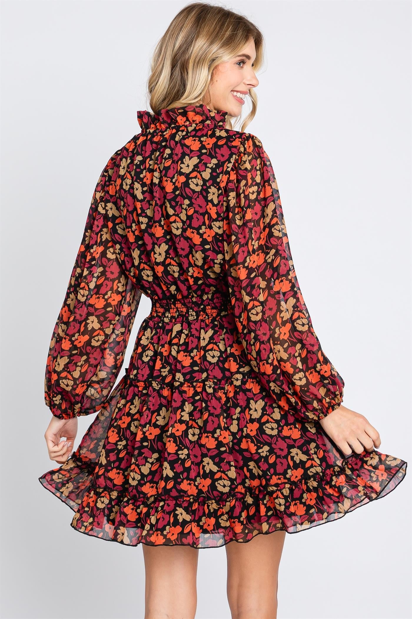 Floral print tiered long-sleeve dress with mock neck, smocked waistline, and ruffle trim