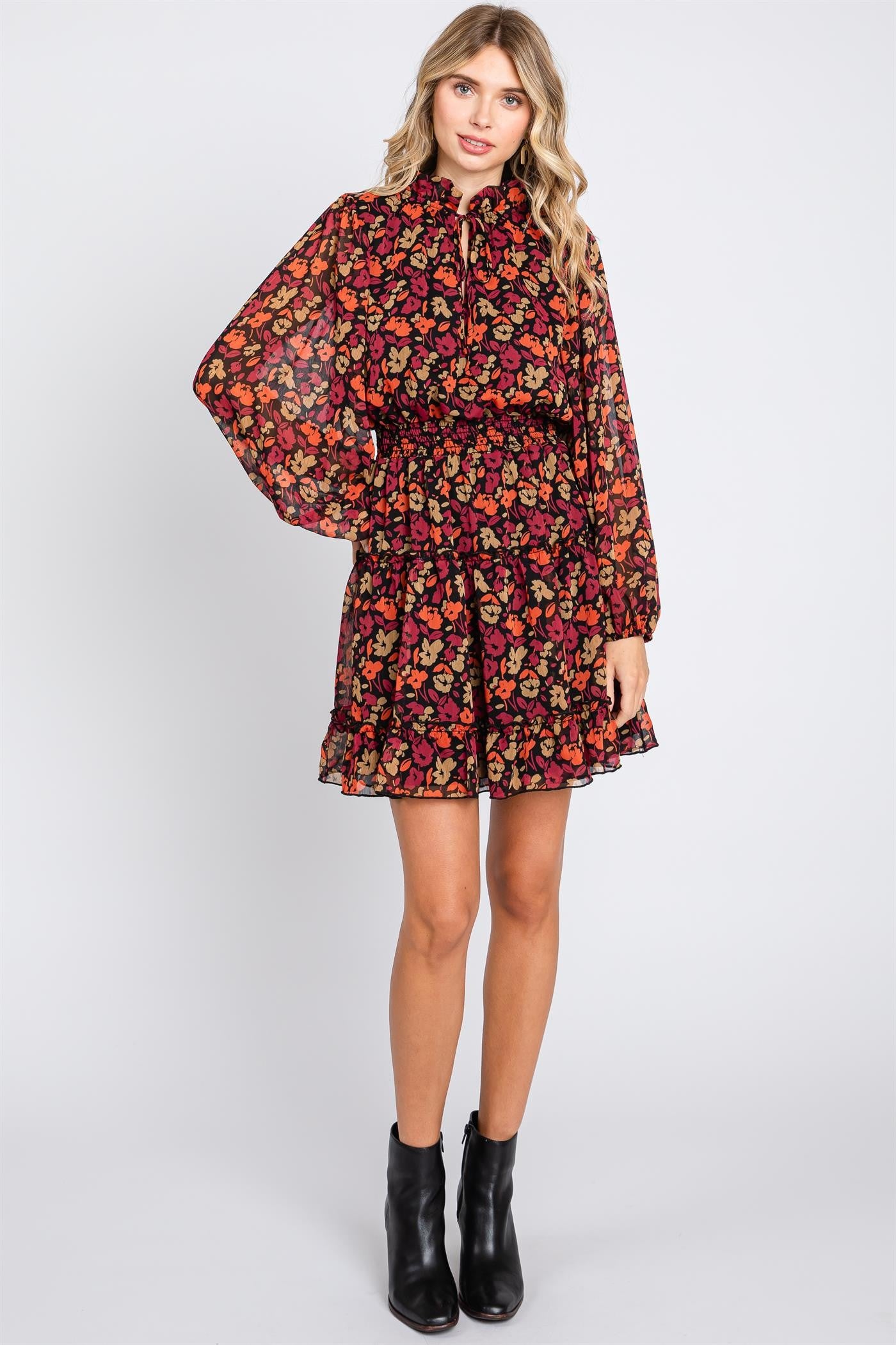 Floral print tiered long-sleeve dress with mock neck, smocked waistline, and ruffle trim