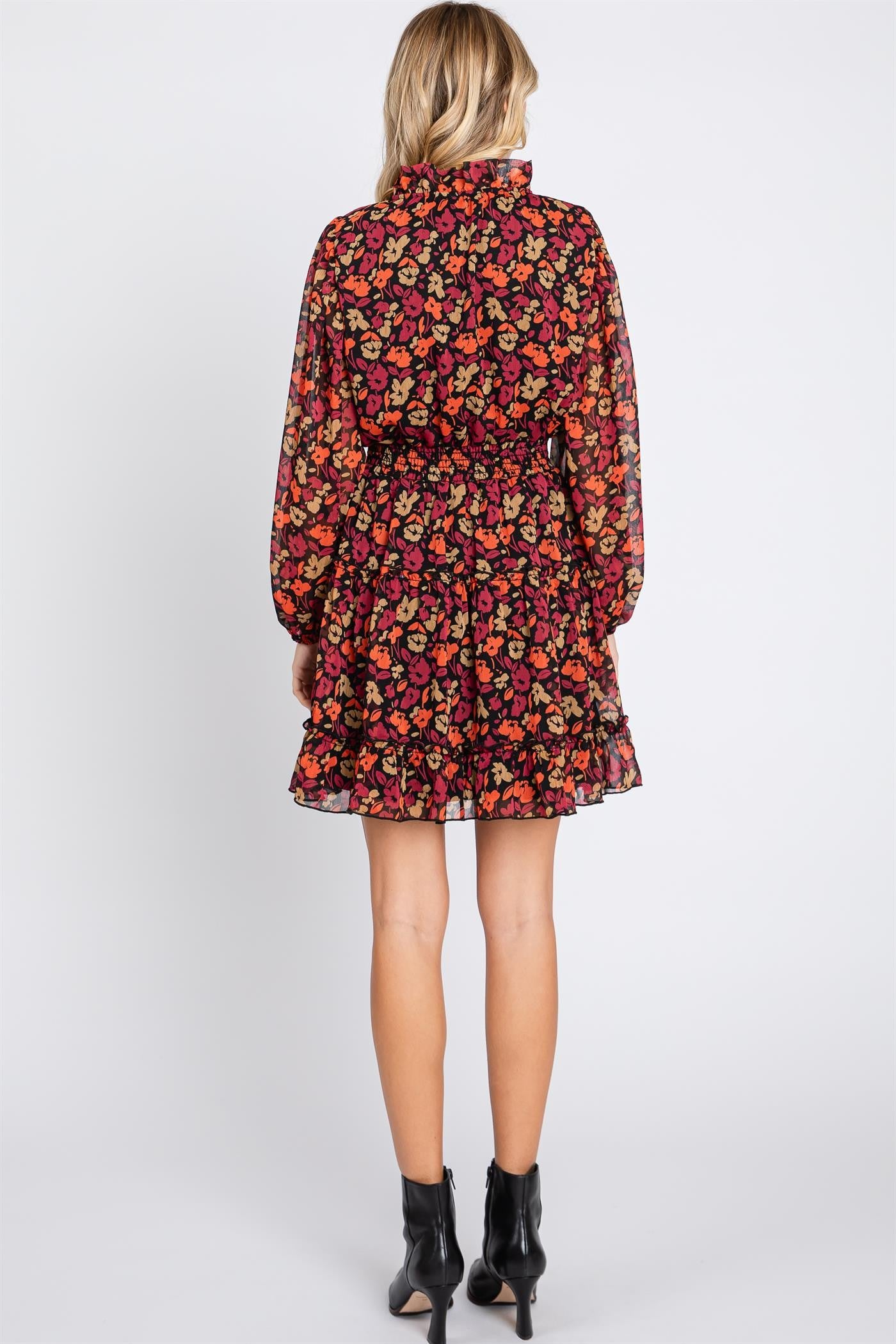 Floral print tiered long-sleeve dress with mock neck, smocked waistline, and ruffle trim