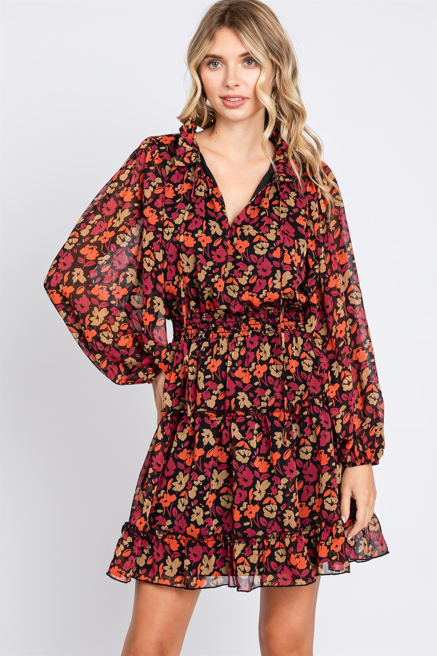 Floral print tiered long-sleeve dress with mock neck, smocked waistline, and ruffle trim