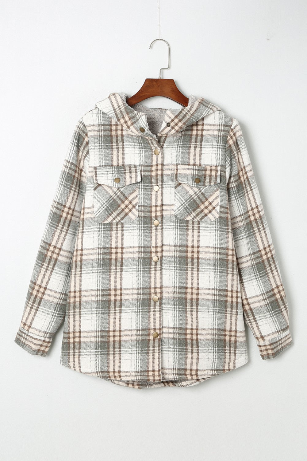 Grey Plaid Sherpa Lined Hoodie Shacket With Hood