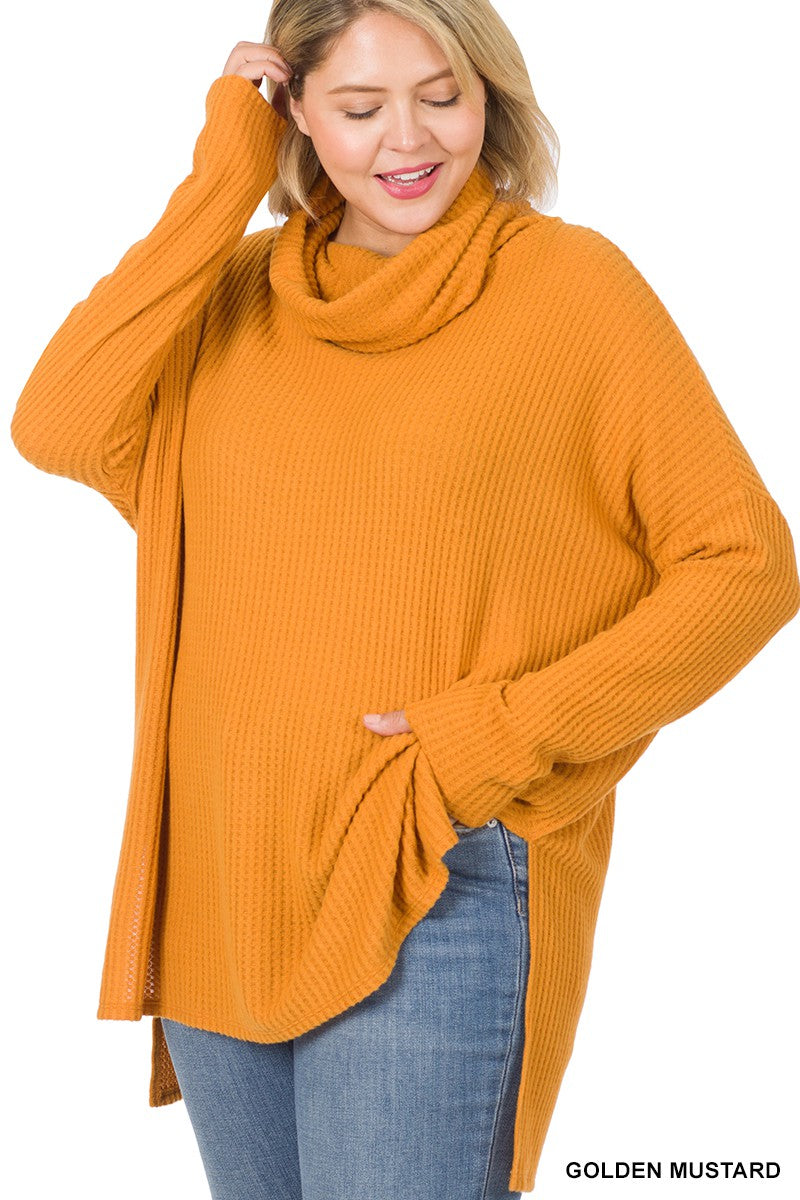 Thermal Waffle Cowl Neck Hi-Low Sweater - Golden Mustard