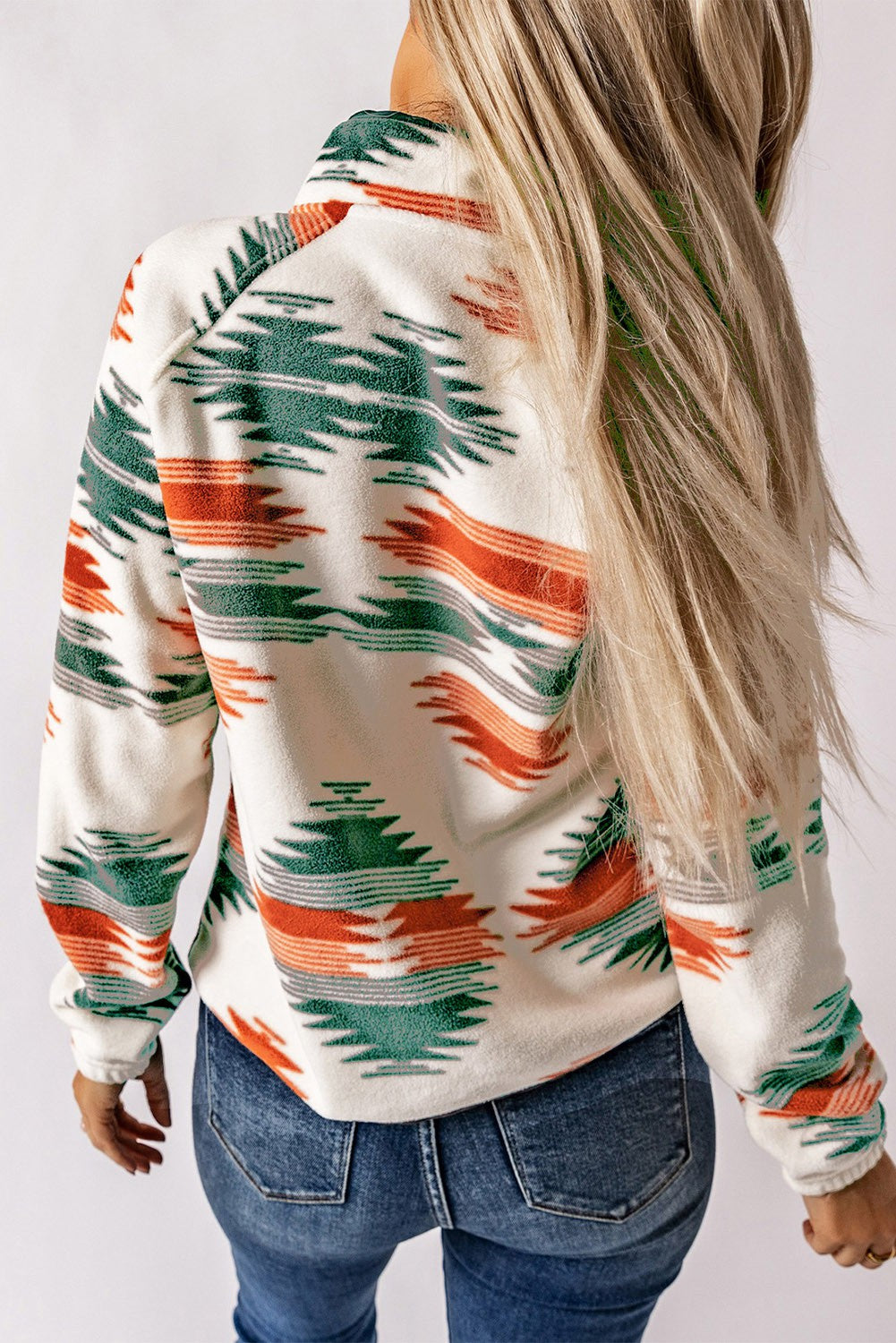 Western Geometric Snap Buttoned Fleece Jacket Green