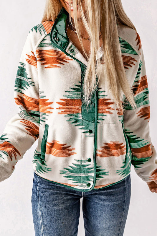 Western Geometric Snap Buttoned Fleece Jacket Green