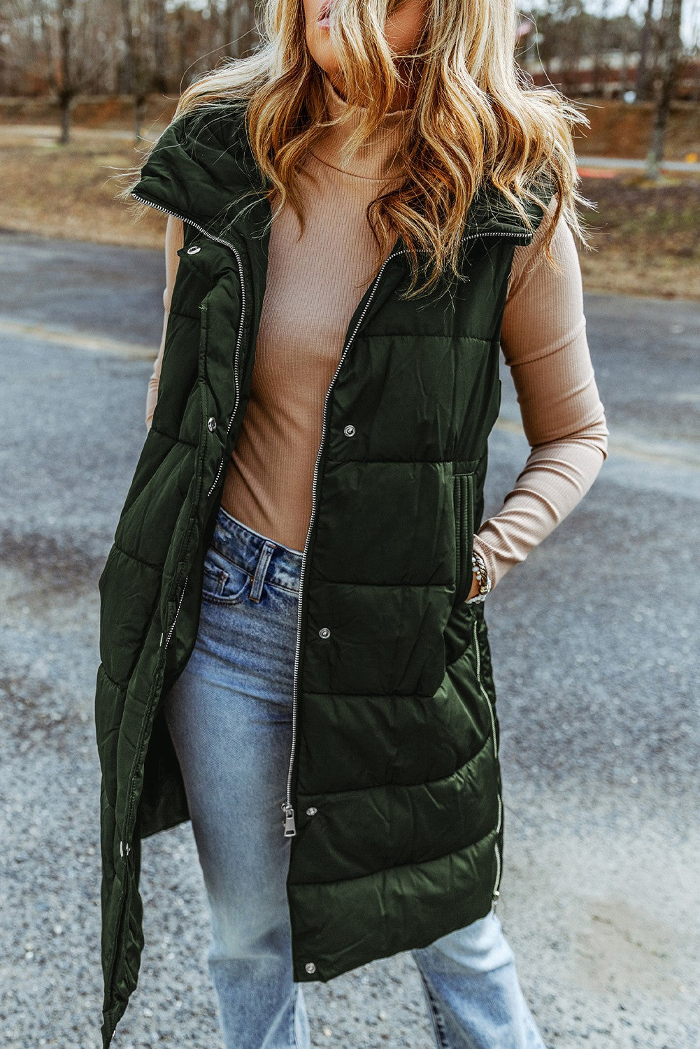 Long Quilted Puffer Vest Coat with Hood