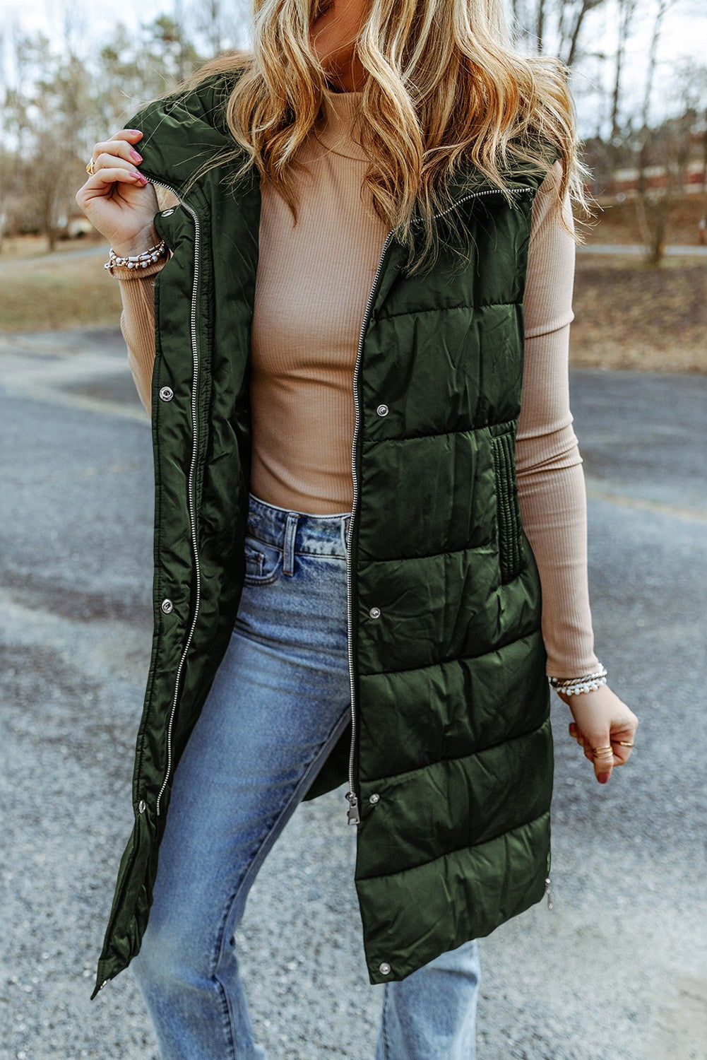 Long Quilted Puffer Vest Coat with Hood