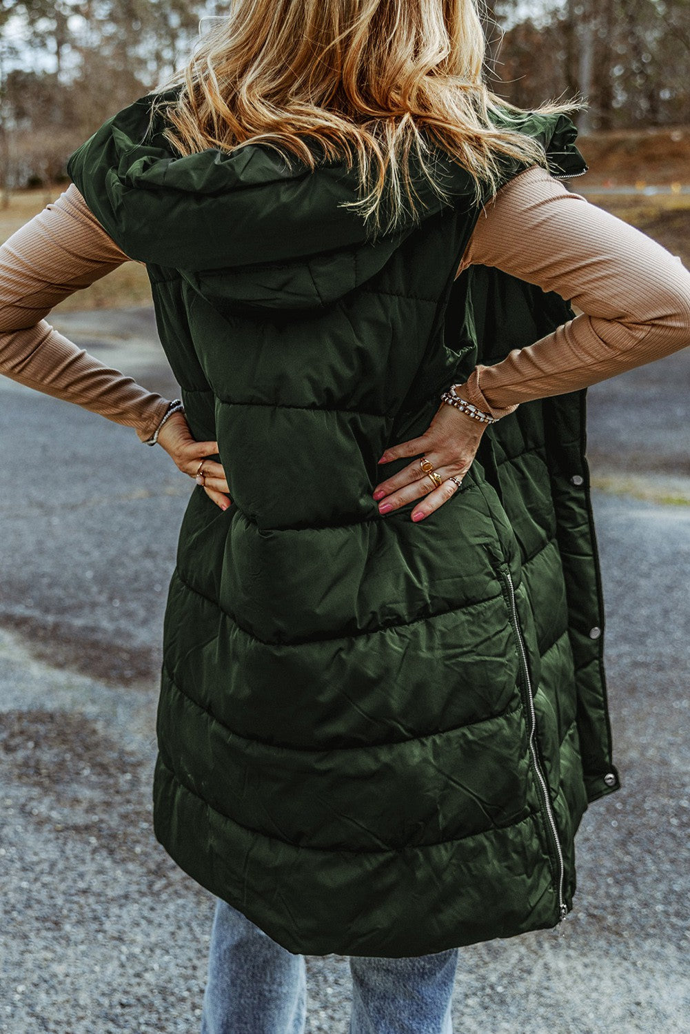 Long Quilted Puffer Vest Coat with Hood