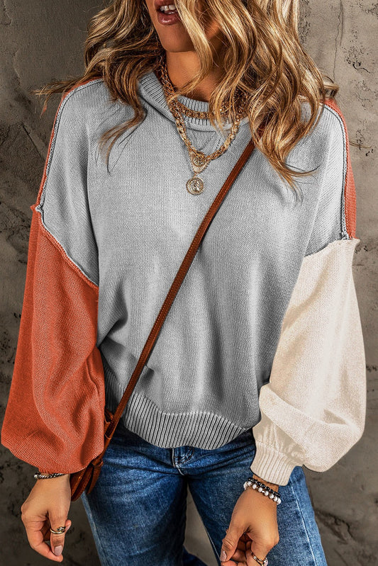 Patchwork Colorblock Puff Sleeve Sweater - Gray