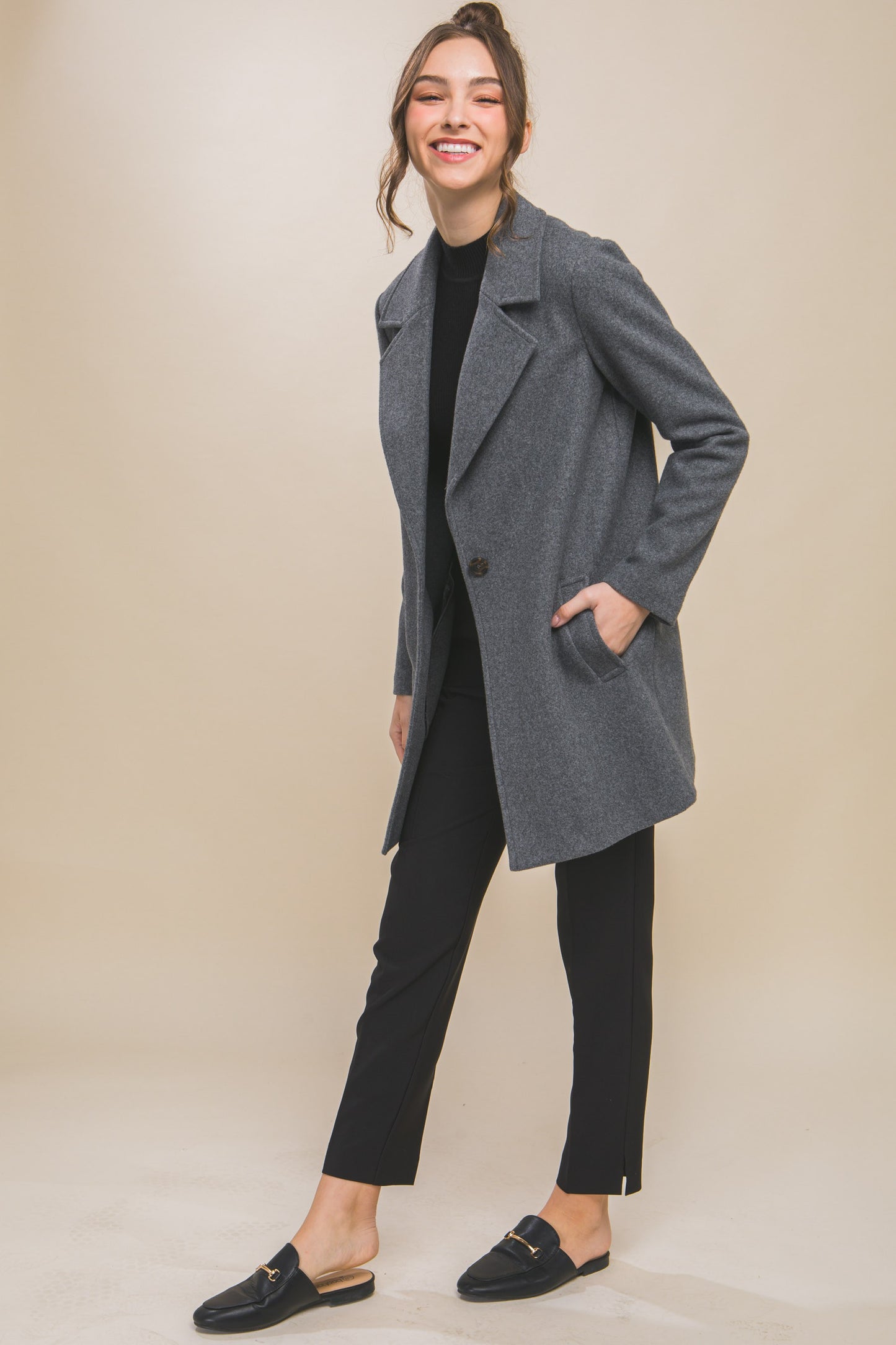 Fleece Single Breasted Coat - Dark Grey