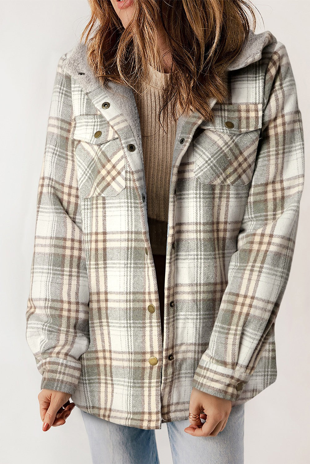 Grey Plaid Sherpa Lined Hoodie Shacket With Hood